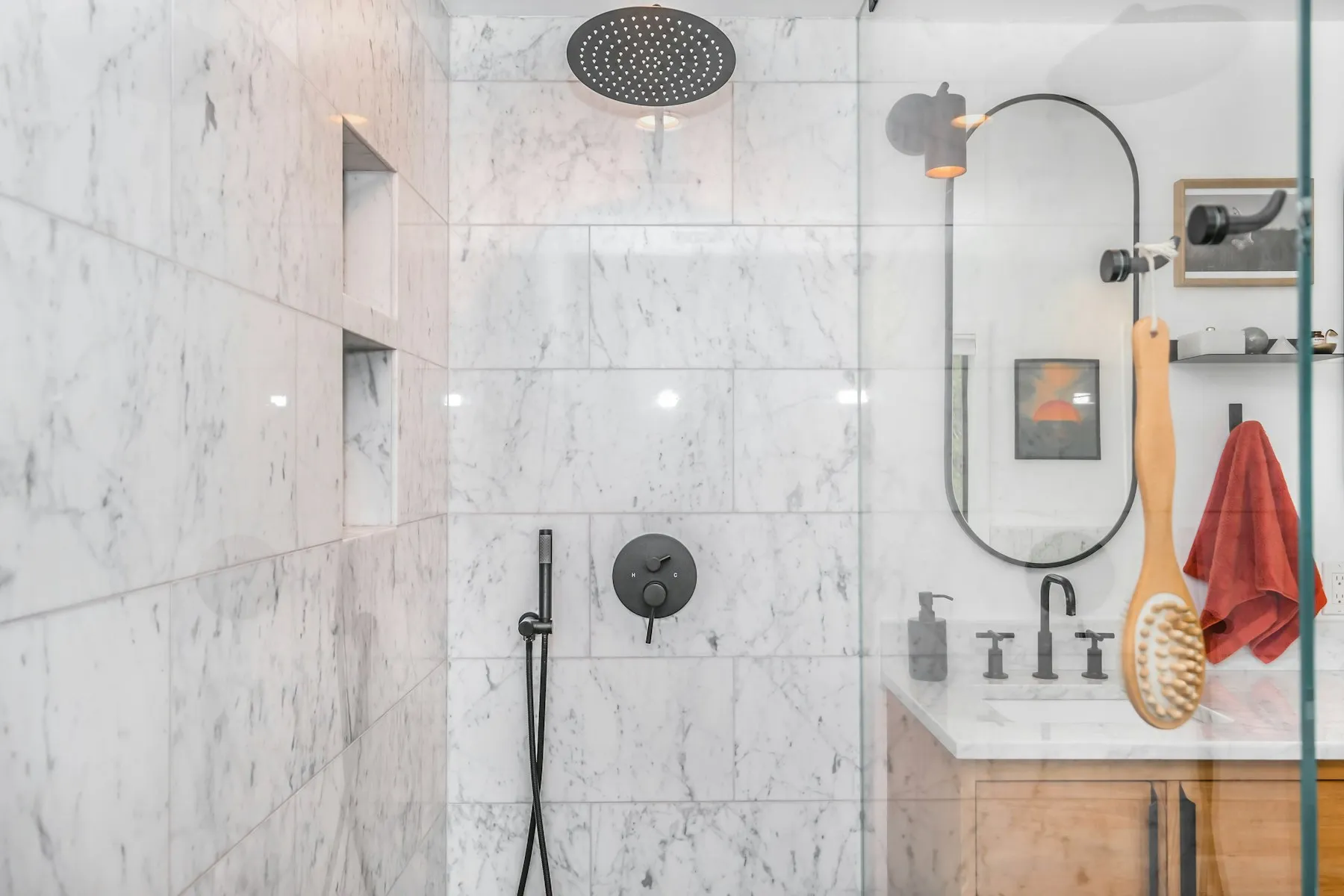 A tiled shower wall photographed straight on.
